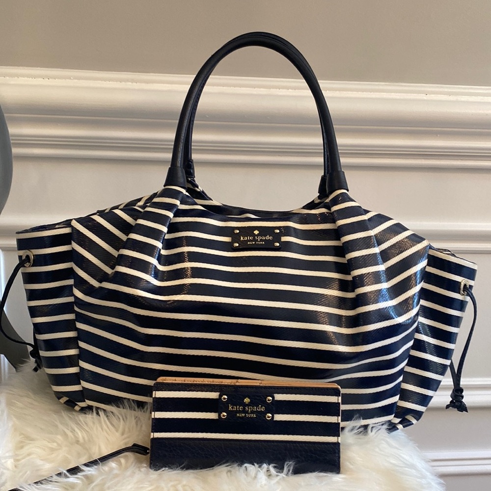 Kate Spade Navy & White Stripe Watson Lane Stevie Baby Bag & Matching Wallet